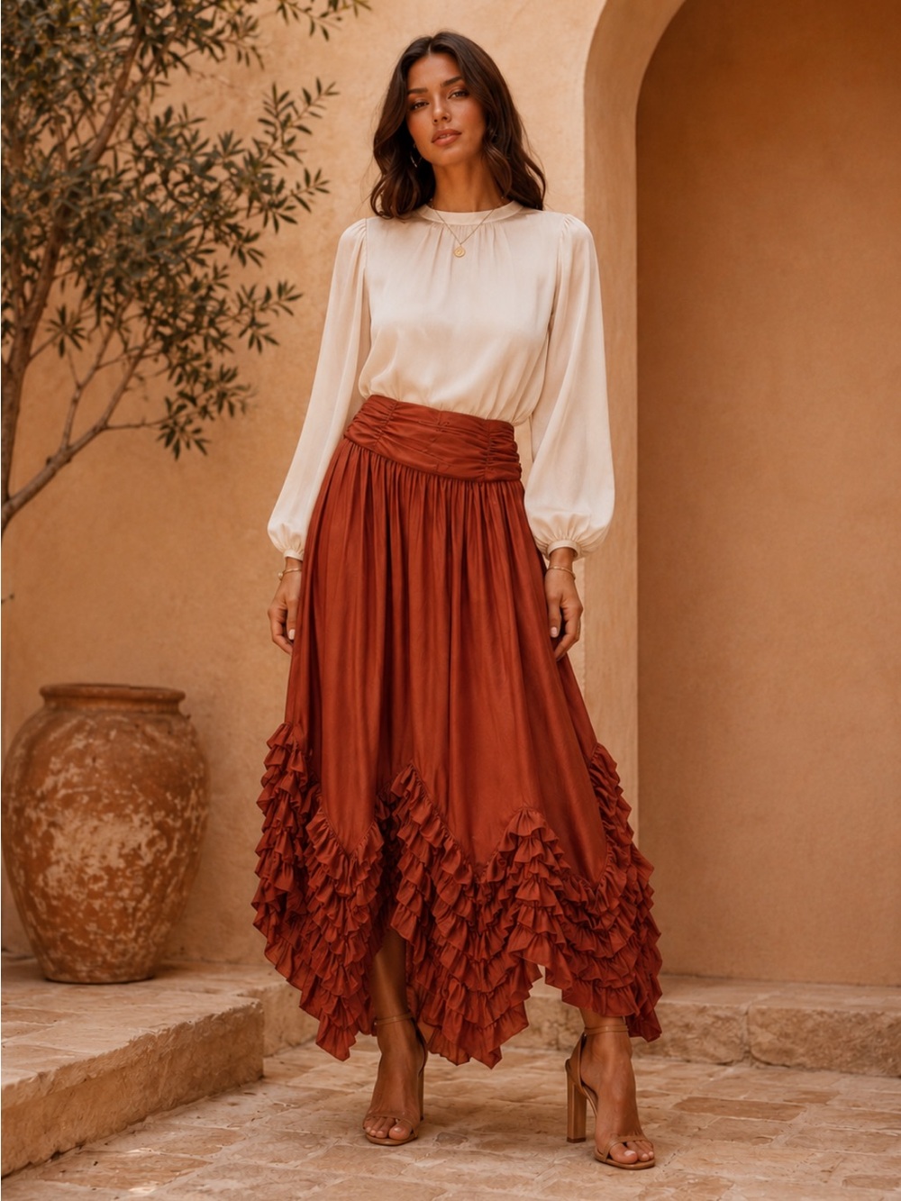 Asymmetrical Ruffle Maxi Skirt in Rust
